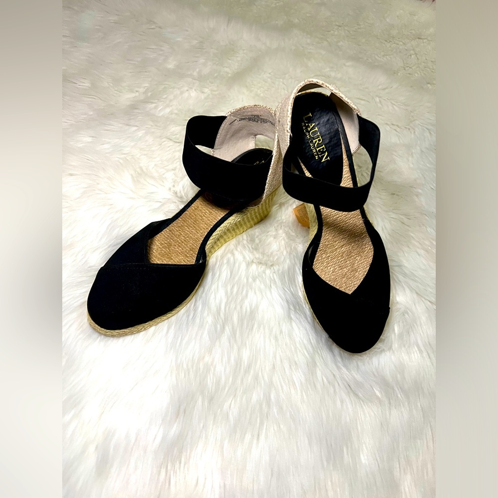 LAUREN Ralph Lauren Charla Espadrille Wedge Sandals, Black/Tan, Womens Size 9.5B